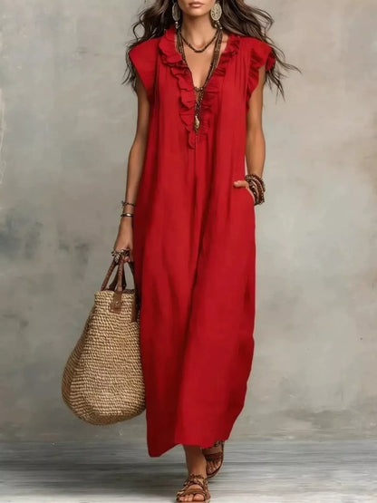 Ruffled V-Neck Cap Sleeve Maxi Dress Red / S The Nichole Collection