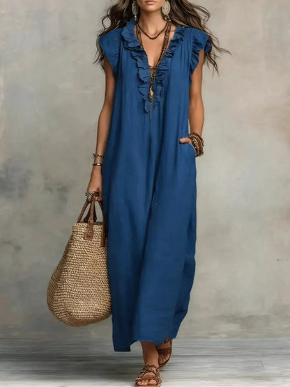 Ruffled V-Neck Cap Sleeve Maxi Dress Blue / S The Nichole Collection