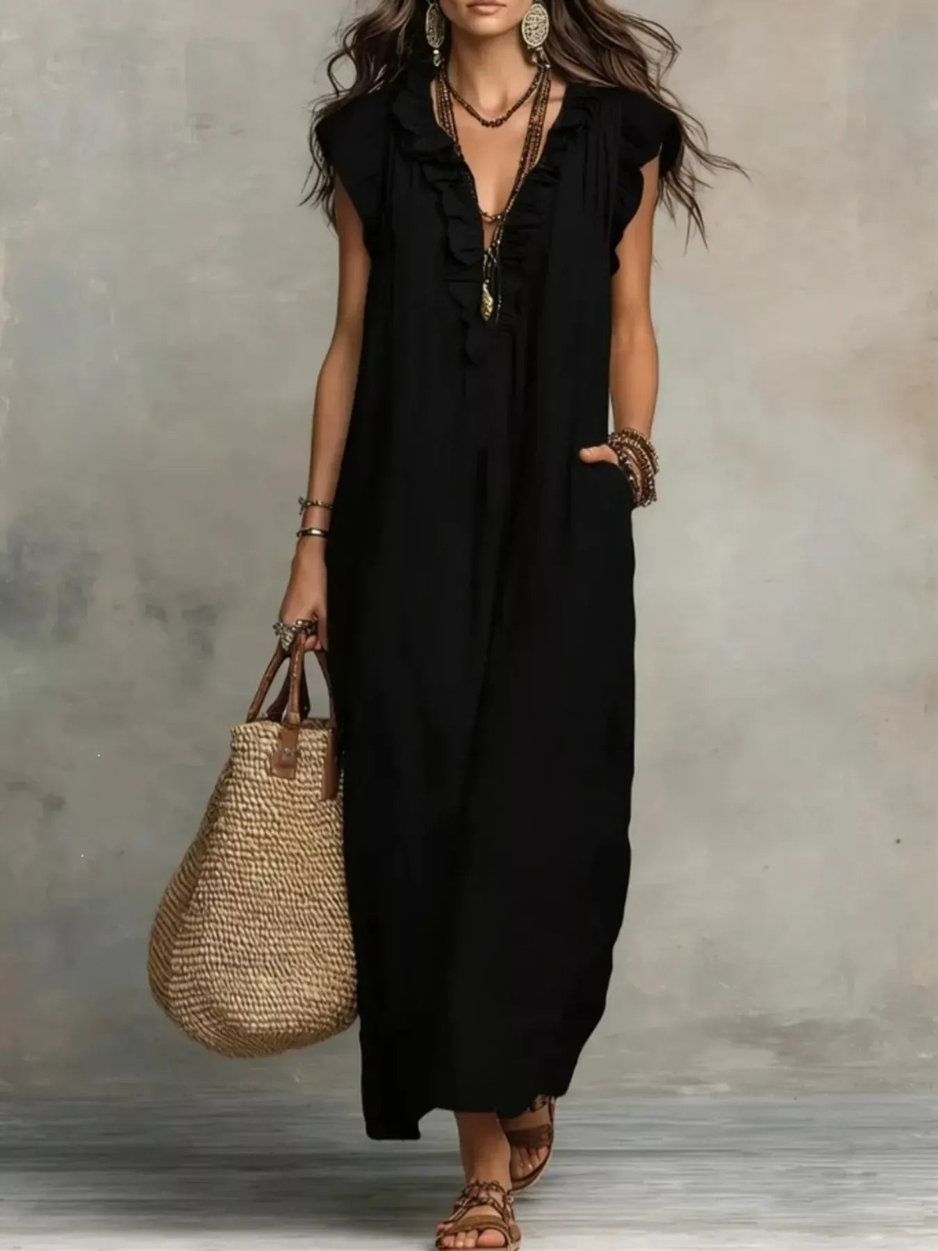 Ruffled V-Neck Cap Sleeve Maxi Dress Black / S The Nichole Collection
