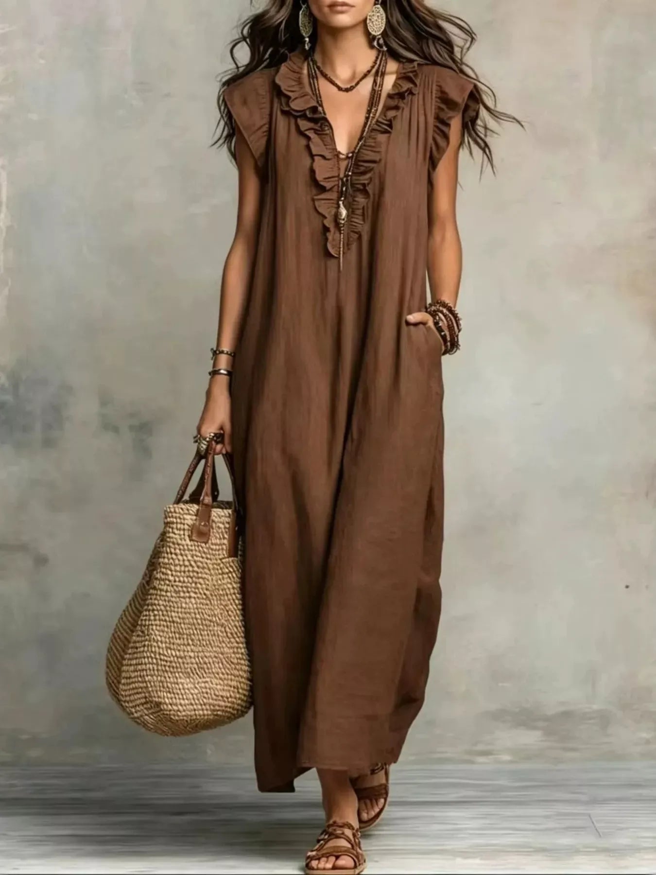 Ruffled V-Neck Cap Sleeve Maxi Dress Brown / S The Nichole Collection