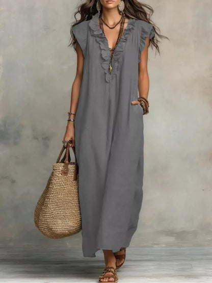 Ruffled V-Neck Cap Sleeve Maxi Dress Gray / S The Nichole Collection