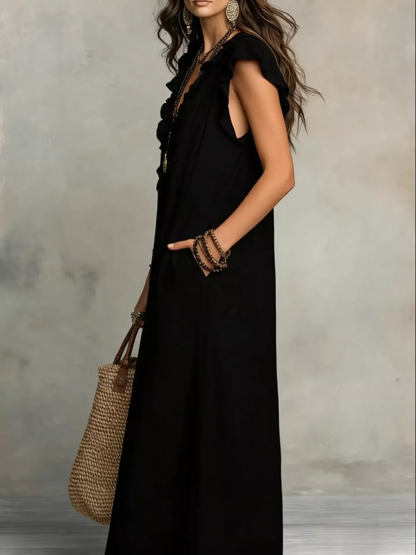 Ruffled V-Neck Cap Sleeve Maxi Dress The Nichole Collection