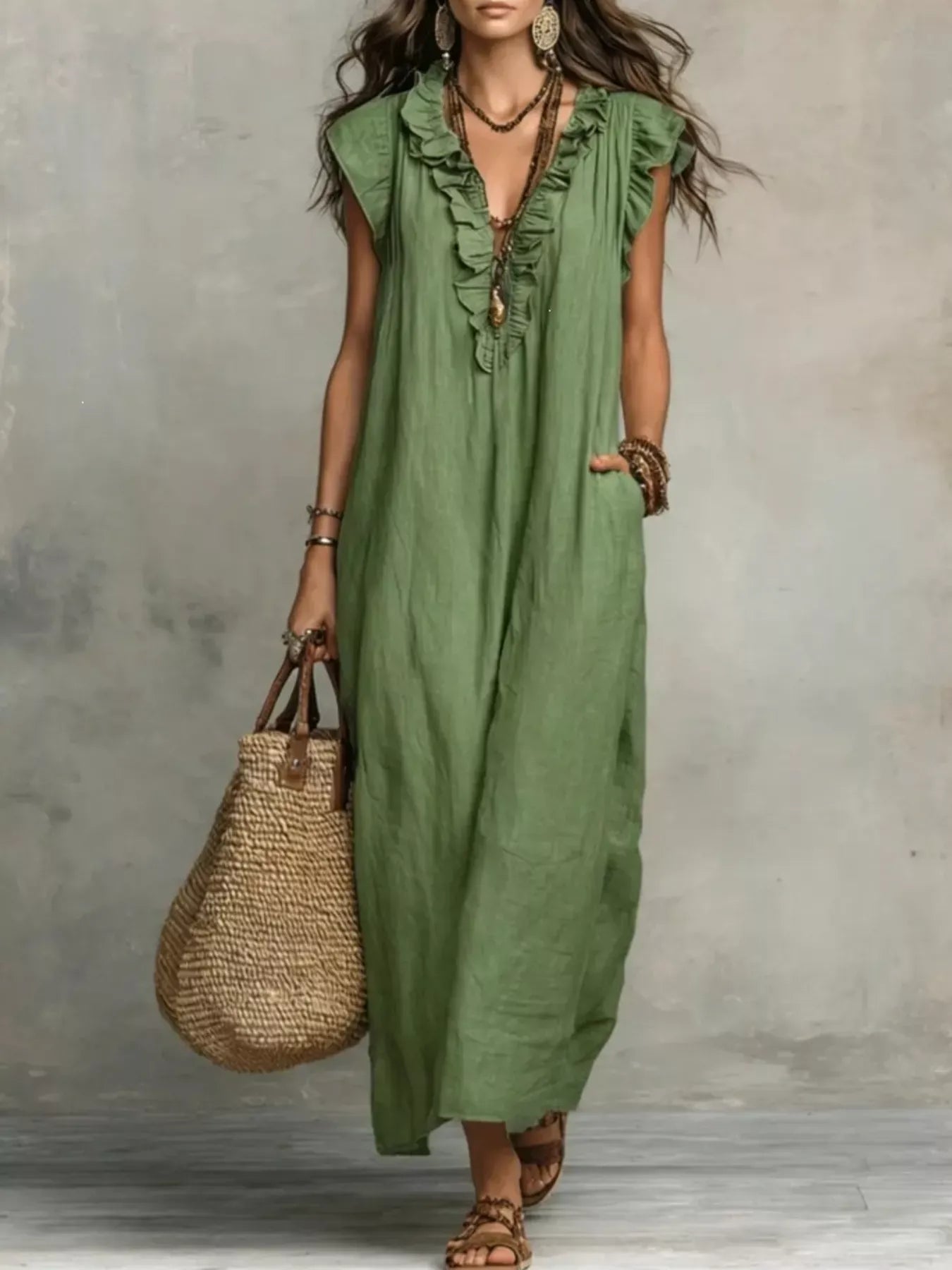 Ruffled V-Neck Cap Sleeve Maxi Dress Army Green / S The Nichole Collection
