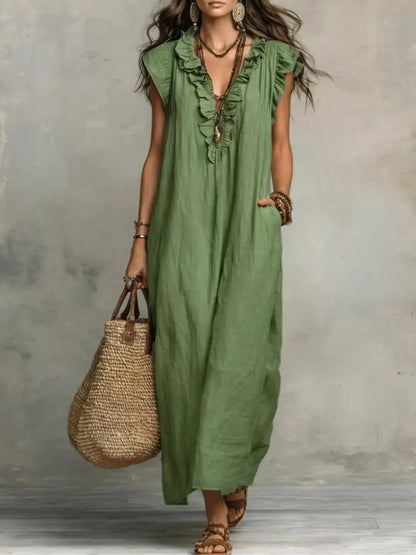 Ruffled V-Neck Cap Sleeve Maxi Dress Army Green / S The Nichole Collection