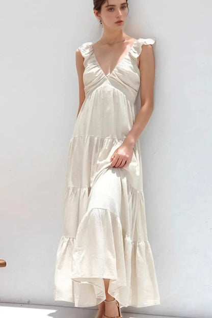 Ruffled V-Neck Tiered Dress White / S The Nichole Collection