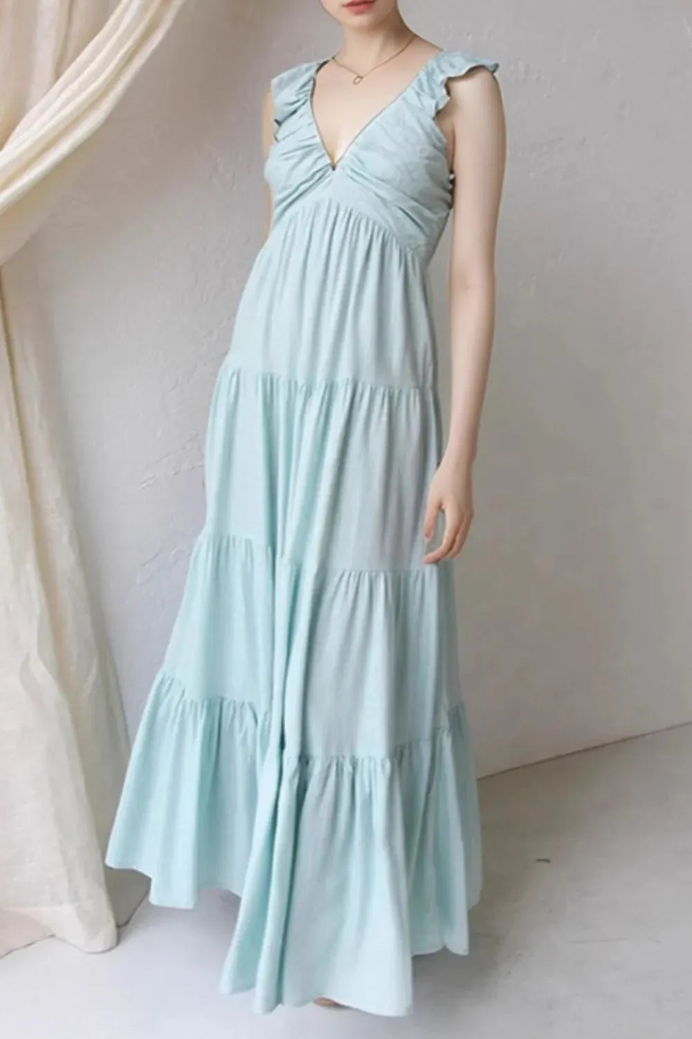 Ruffled V-Neck Tiered Dress Light Blue / S The Nichole Collection