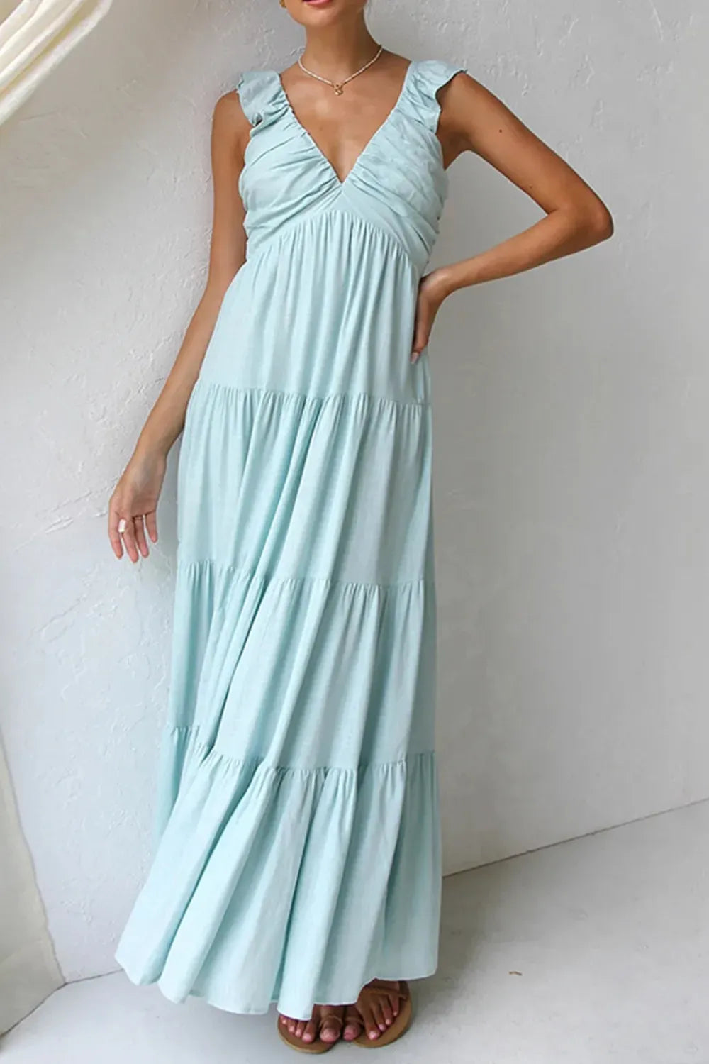 Ruffled V-Neck Tiered Dress The Nichole Collection