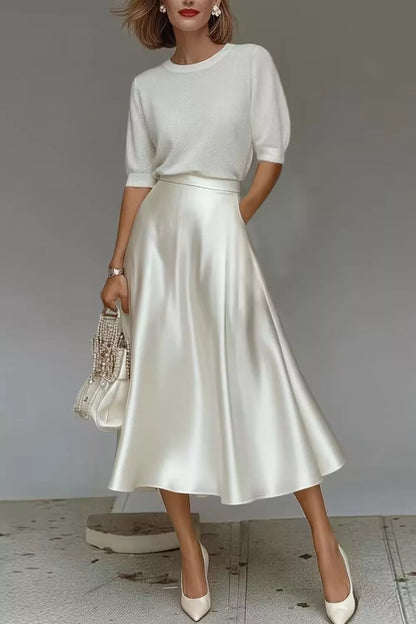 Satin A-Line Midi Skirt White / S The Nichole Collection - Official Site