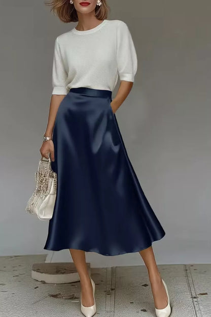 Satin A-Line Midi Skirt Navy / S The Nichole Collection - Official Site