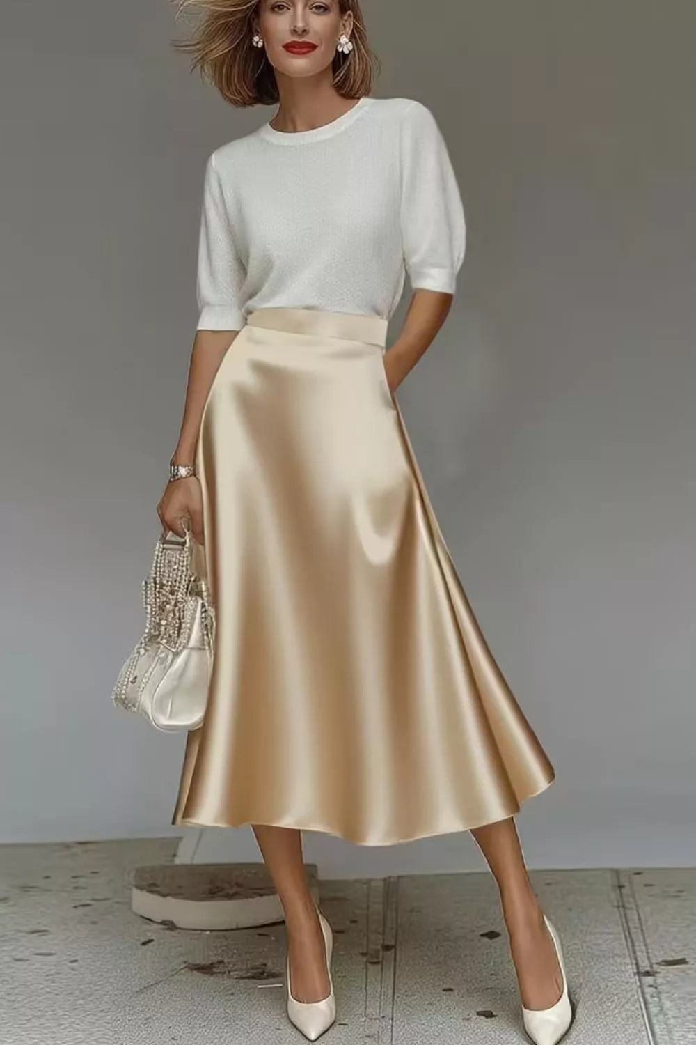 Satin A-Line Midi Skirt Khaki / S The Nichole Collection - Official Site