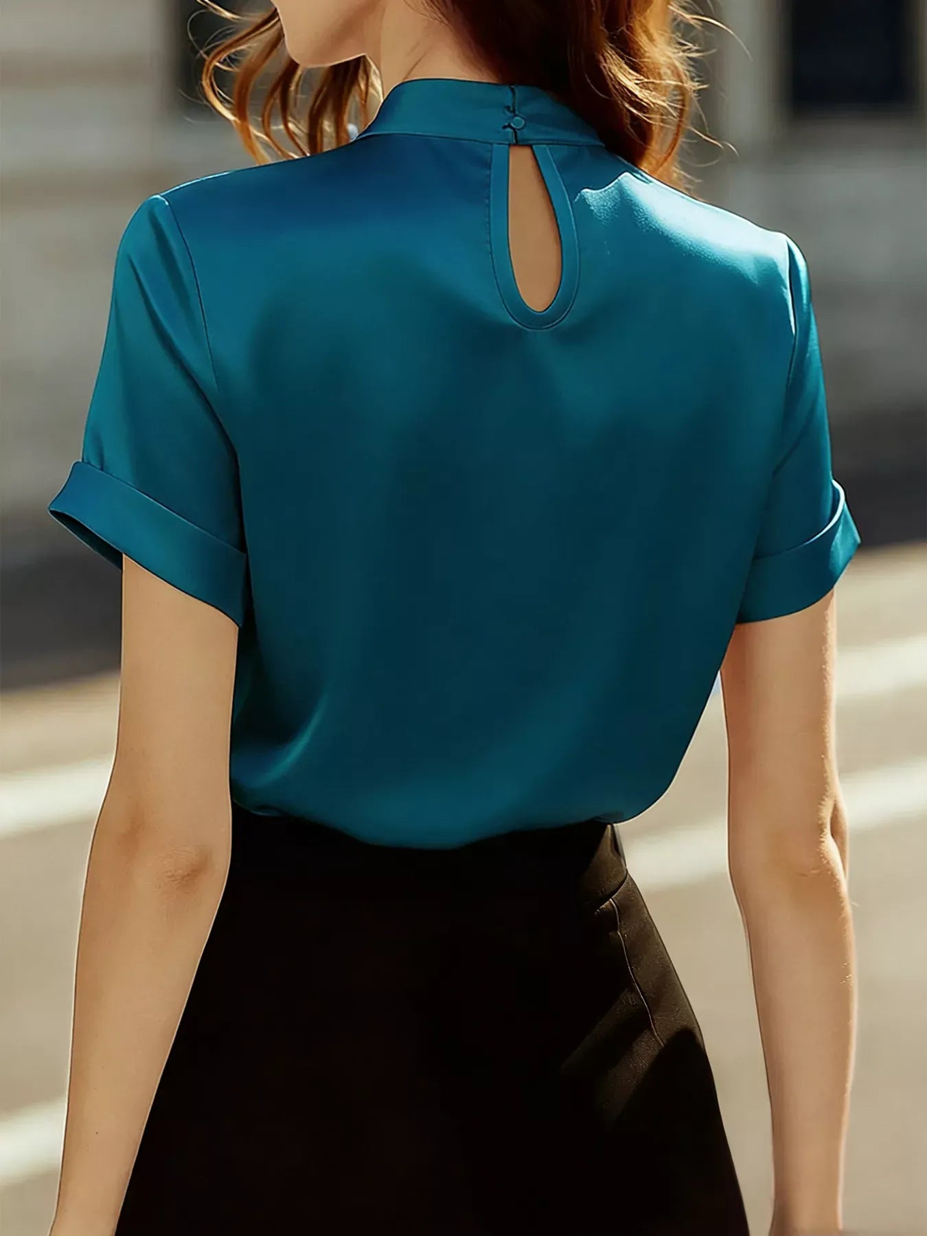 Satin Keyhole Short Sleeve Blouse The Nichole Collection