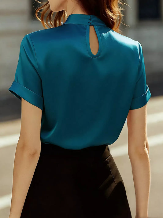 Satin Keyhole Short Sleeve Blouse The Nichole Collection