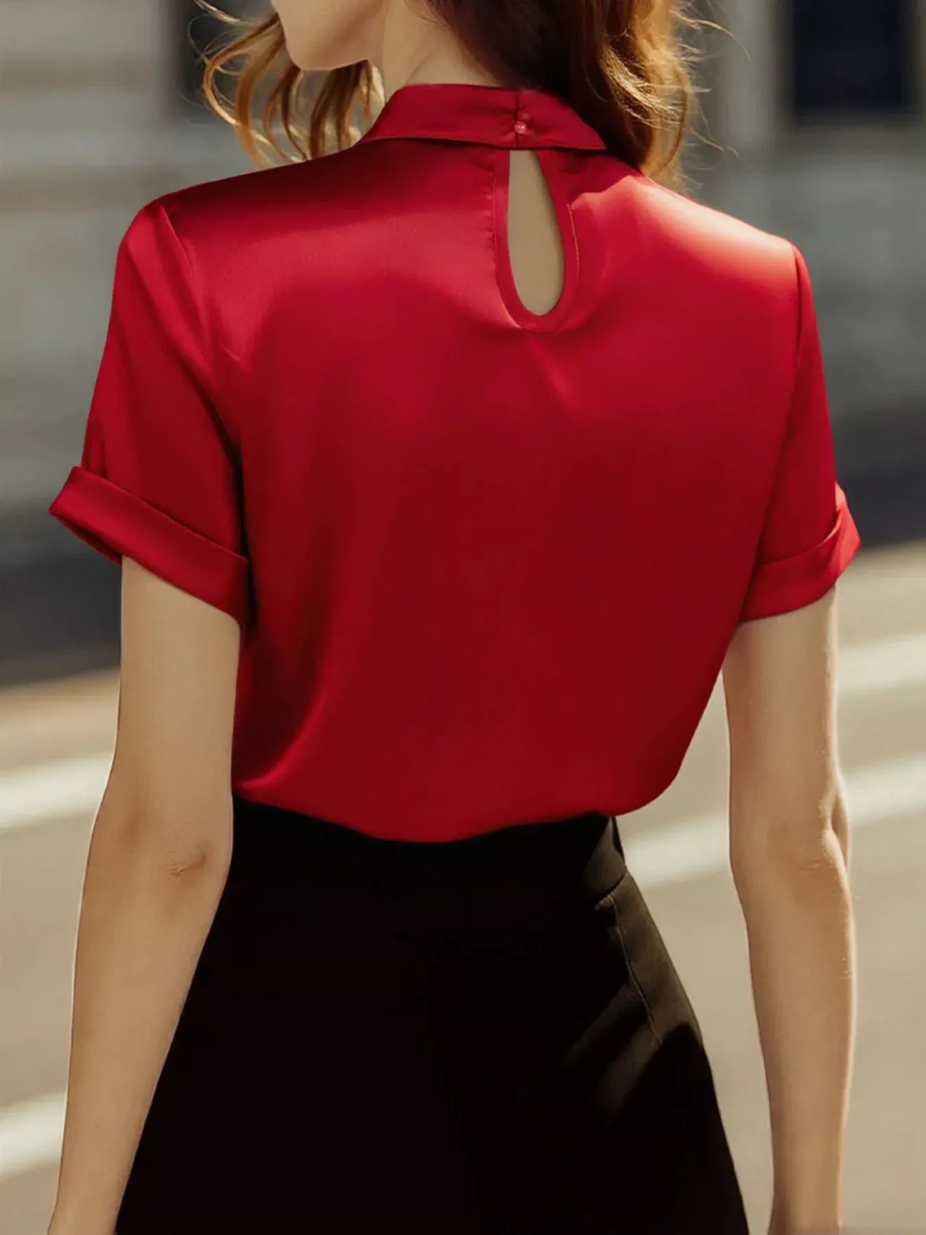 Satin Keyhole Short Sleeve Blouse The Nichole Collection