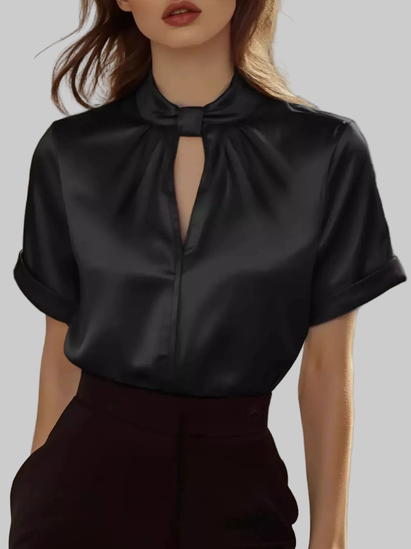 Satin Keyhole Short Sleeve Blouse Black / S The Nichole Collection