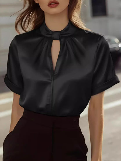 Satin Keyhole Short Sleeve Blouse Black / S The Nichole Collection