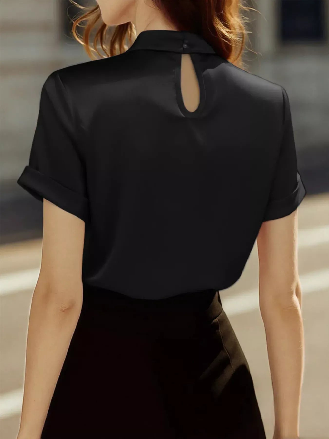 Satin Keyhole Short Sleeve Blouse The Nichole Collection