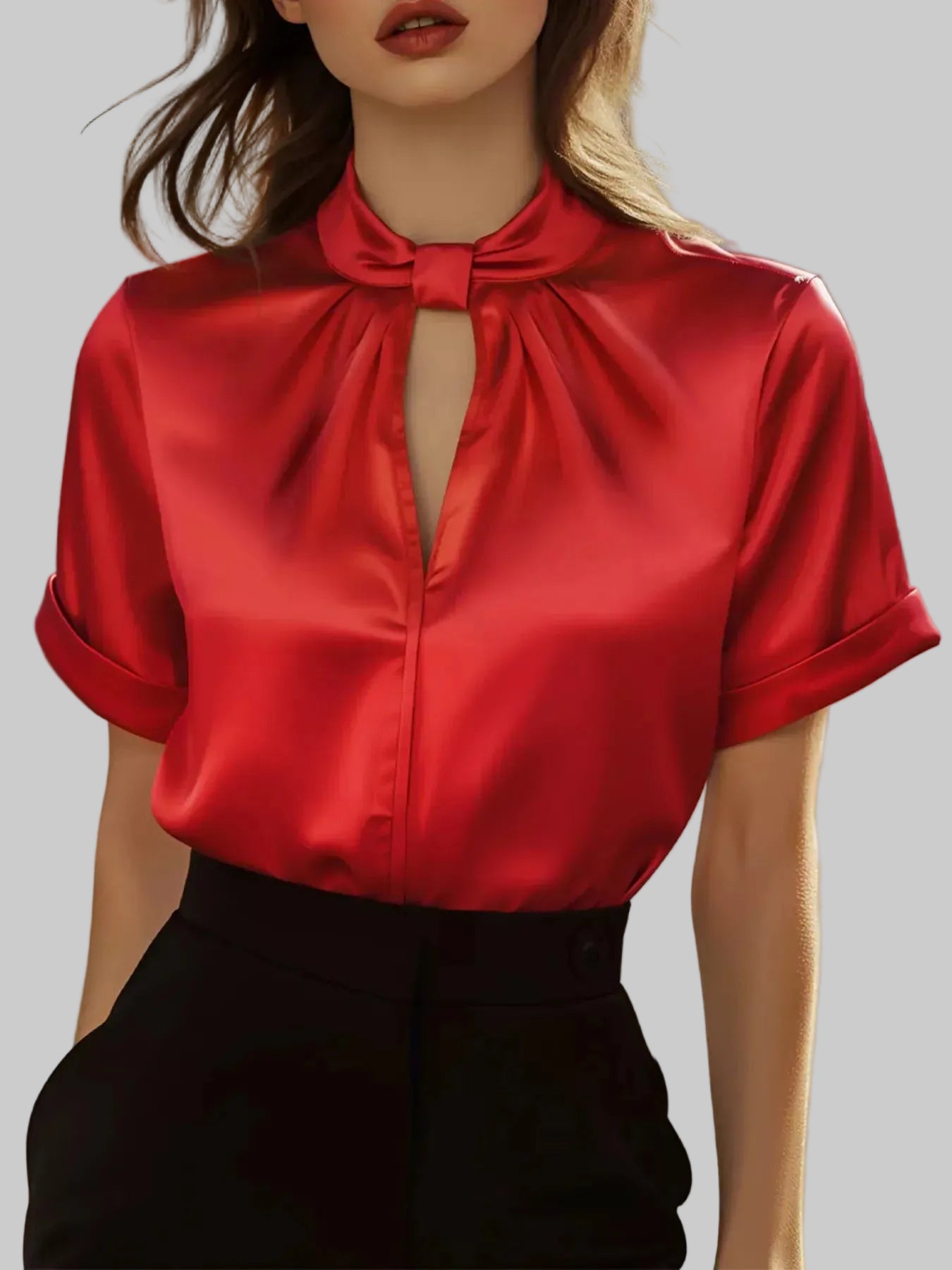 Satin Keyhole Short Sleeve Blouse Scarlet / S The Nichole Collection