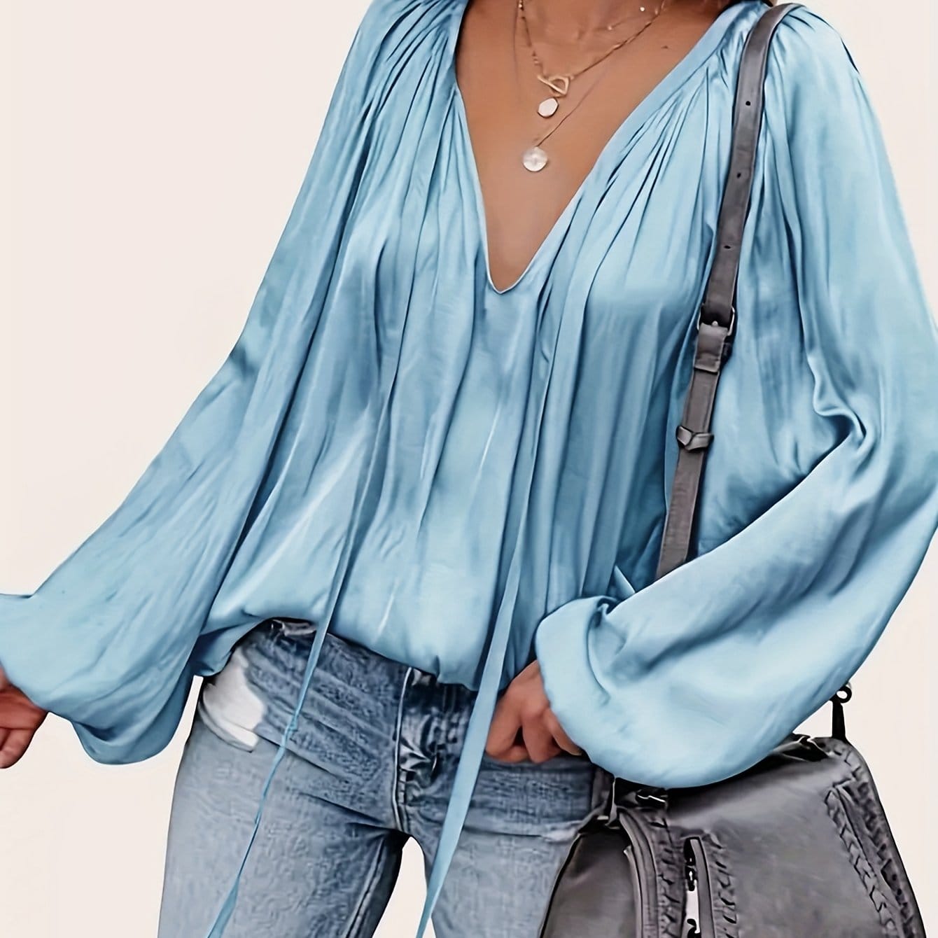 Satin Pleated Lace-Up V-Neck Blouse Blouses Light Blue / S The Nichole Collection