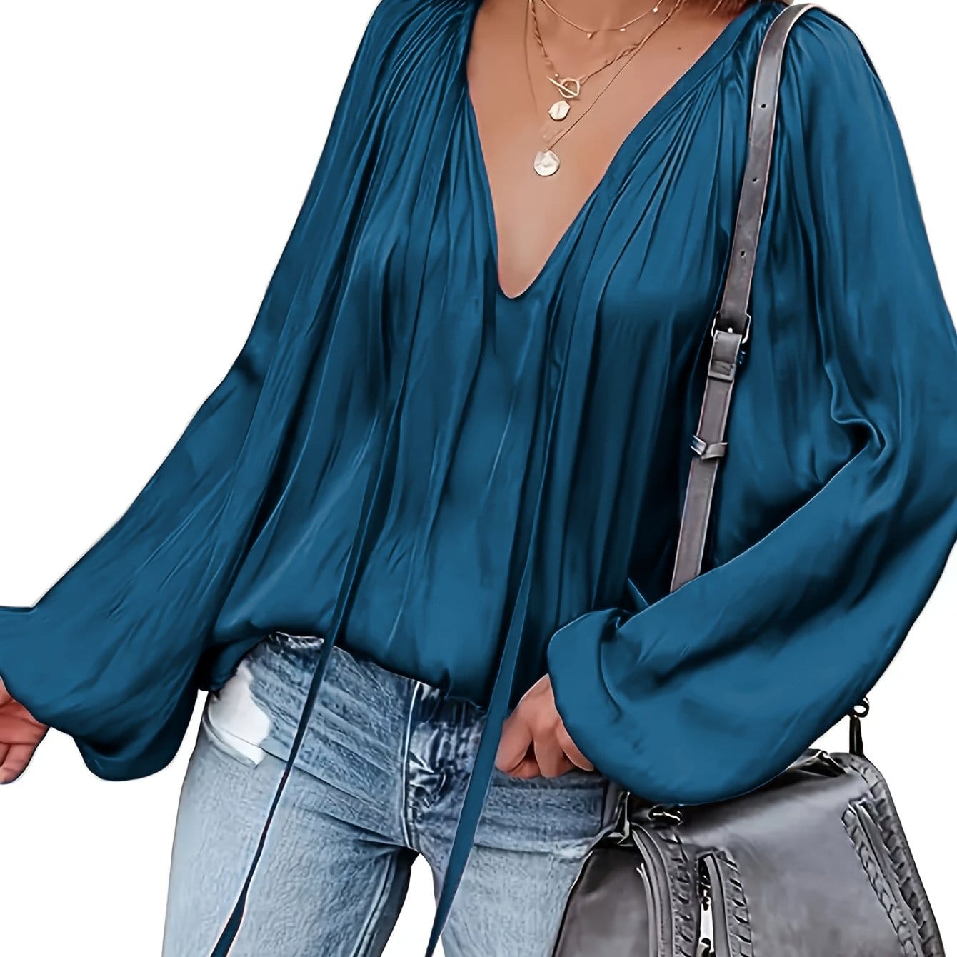 Satin Pleated Lace-Up V-Neck Blouse Blouses Royal Blue / S The Nichole Collection