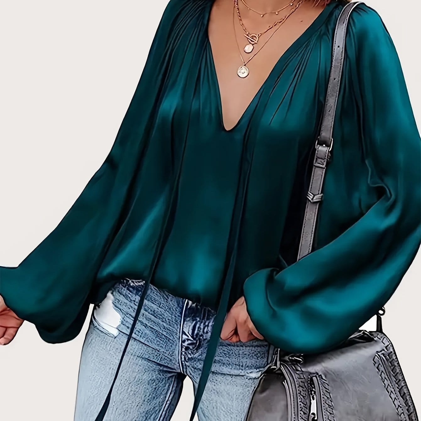 Satin Pleated Lace-Up V-Neck Blouse Blouses Dark Green / S The Nichole Collection