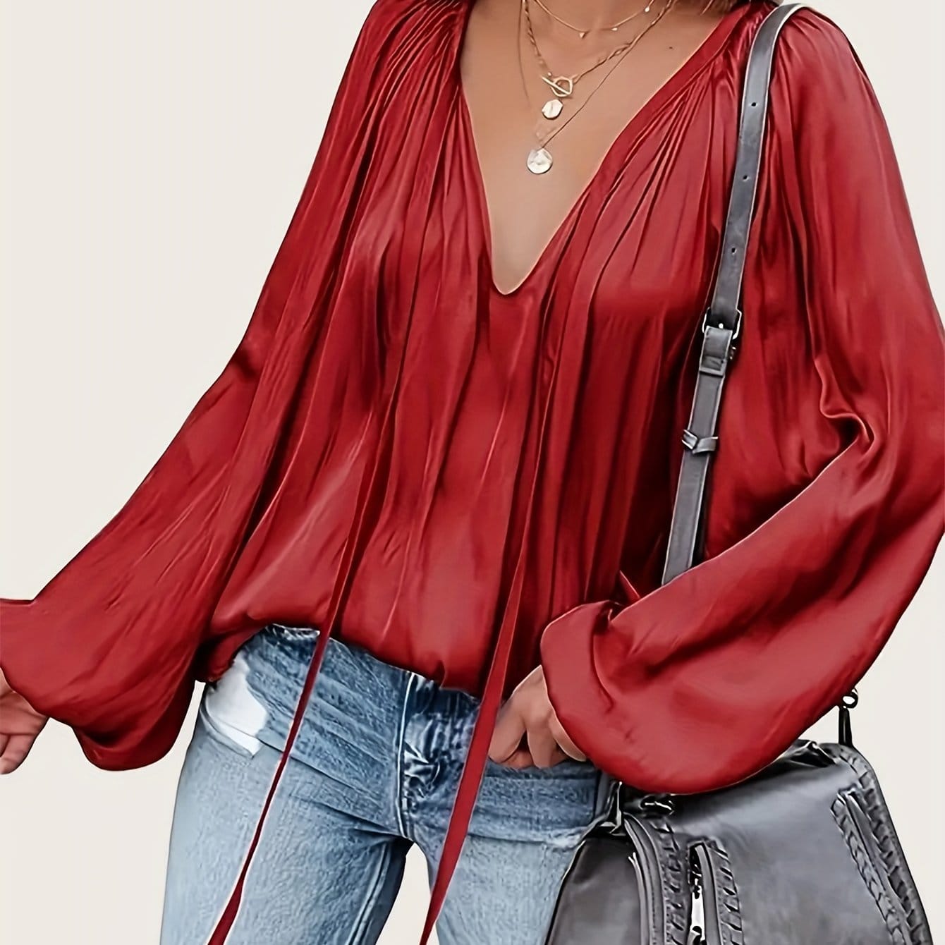 Satin Pleated Lace-Up V-Neck Blouse Blouses Red / S The Nichole Collection