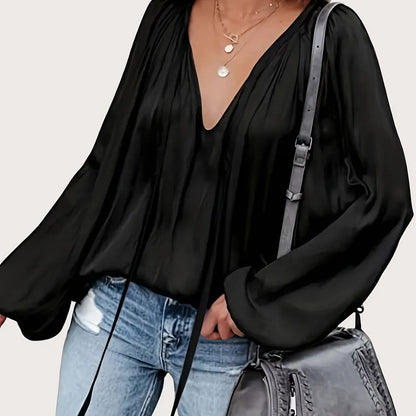 Satin Pleated Lace-Up V-Neck Blouse Blouses Black / S The Nichole Collection