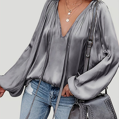 Satin Pleated Lace-Up V-Neck Blouse Blouses Grey / S The Nichole Collection