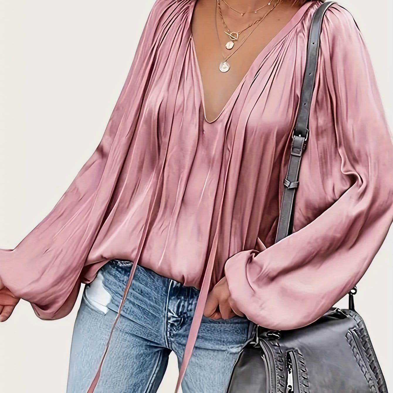Satin Pleated Lace-Up V-Neck Blouse Blouses Pink / S The Nichole Collection