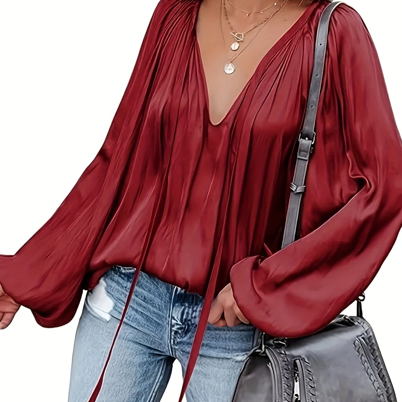 Satin Pleated Lace-Up V-Neck Blouse Blouses Claret / S The Nichole Collection