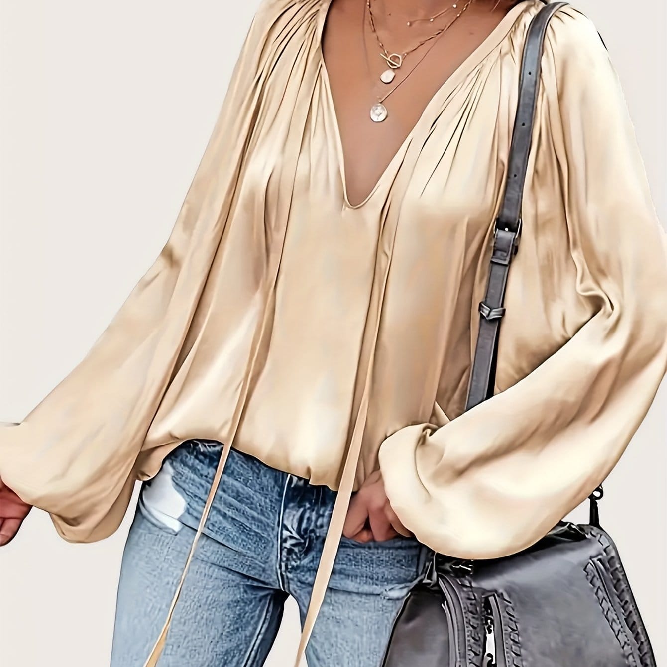 Satin Pleated Lace-Up V-Neck Blouse Blouses Light Gold / S The Nichole Collection