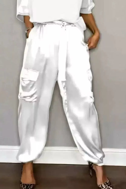 Satin Round Neck Top and Pants Set White / S The Nichole Collection - Official Site
