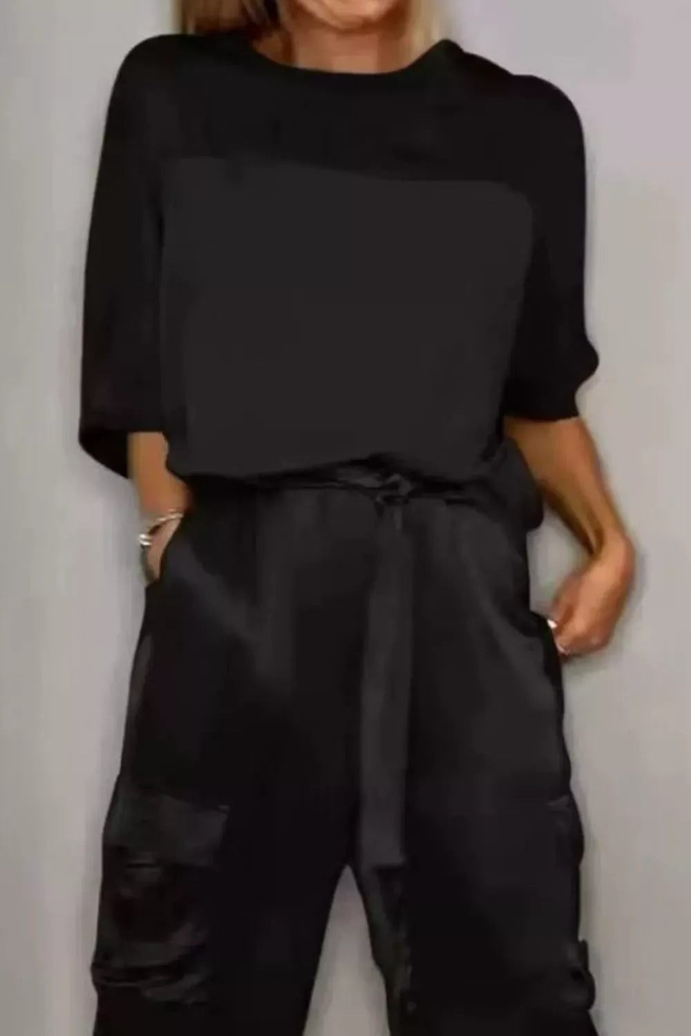 Satin Round Neck Top and Pants Set Black / S The Nichole Collection - Official Site
