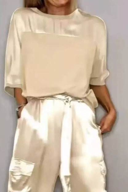 Satin Round Neck Top and Pants Set Beige / S The Nichole Collection - Official Site