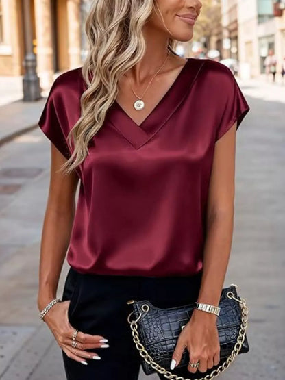 Satin V-Neck Short Sleeve Blouse Burgundy / S The Nichole Collection