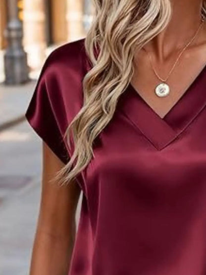 Satin V-Neck Short Sleeve Blouse The Nichole Collection