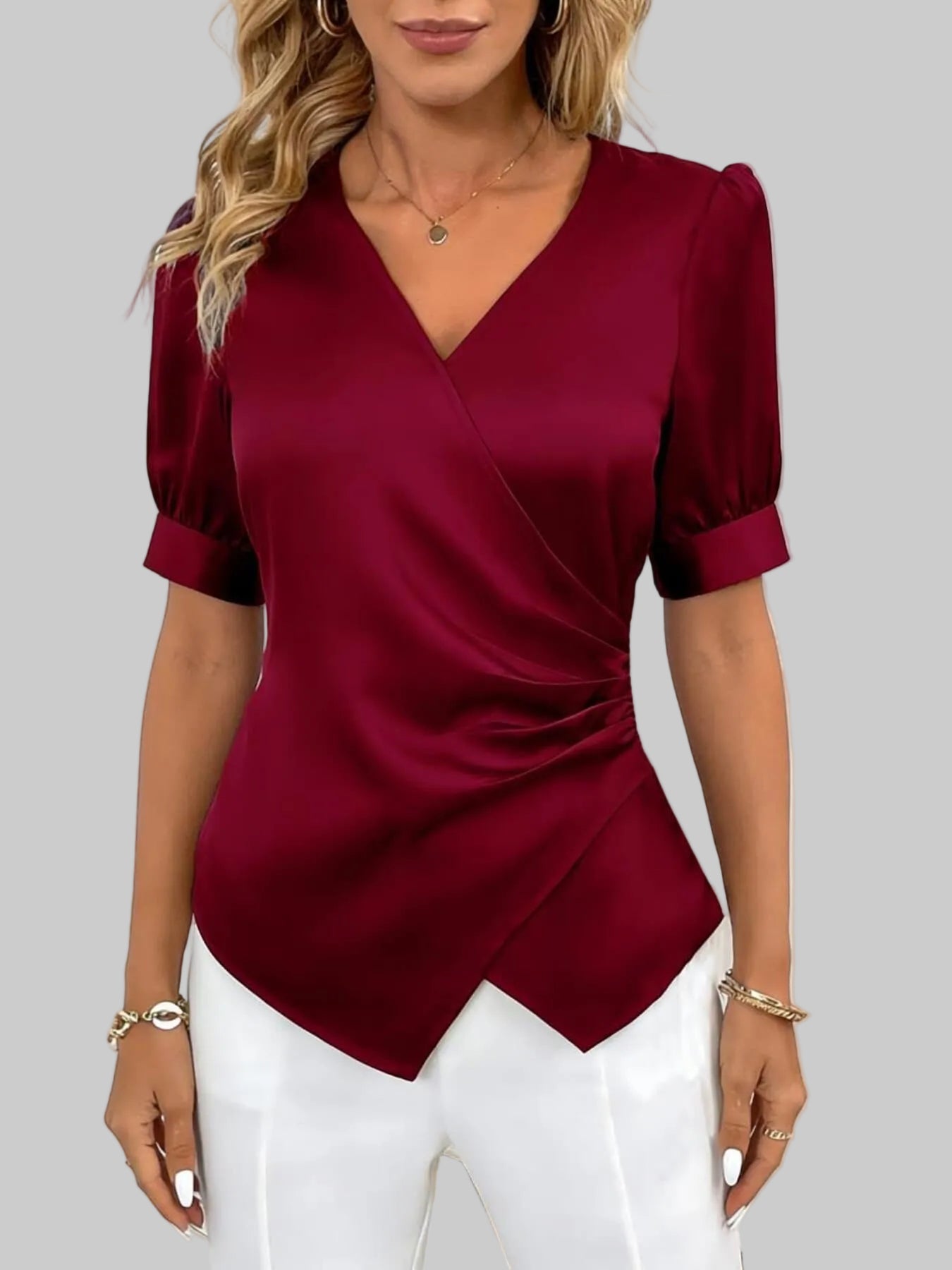 Satin V-Neck Wrap Blouse Burgundy / S The Nichole Collection