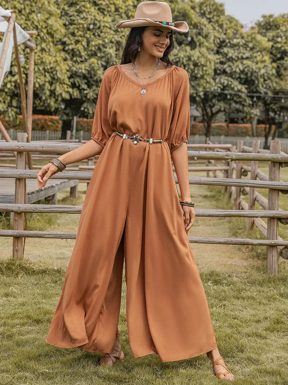 Scoop Neck Half Sleeve Wide Leg Jumpsuit The Nichole Collection - Official Site