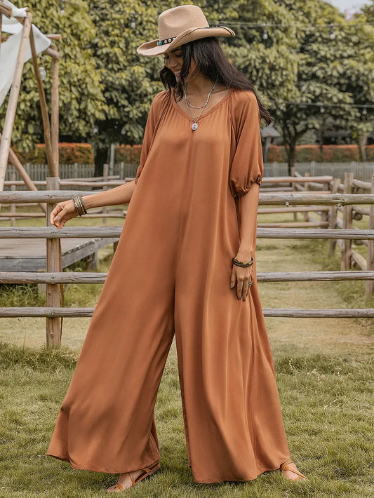 Scoop Neck Half Sleeve Wide Leg Jumpsuit Caramel / S The Nichole Collection - Official Site