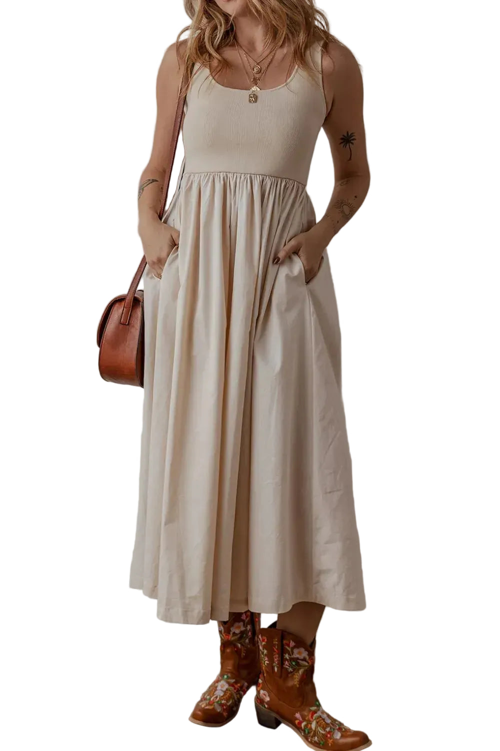 Scoop Neck Ribbed Bodice Sleeveless Midi Tank Dress The Nichole Collection