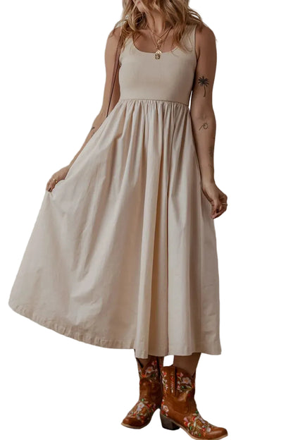 Scoop Neck Ribbed Bodice Sleeveless Midi Tank Dress Beige / S The Nichole Collection