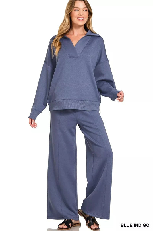 Scuba Collared Pullover and Pants Set BLUE INDIGO / S The Nichole Collection