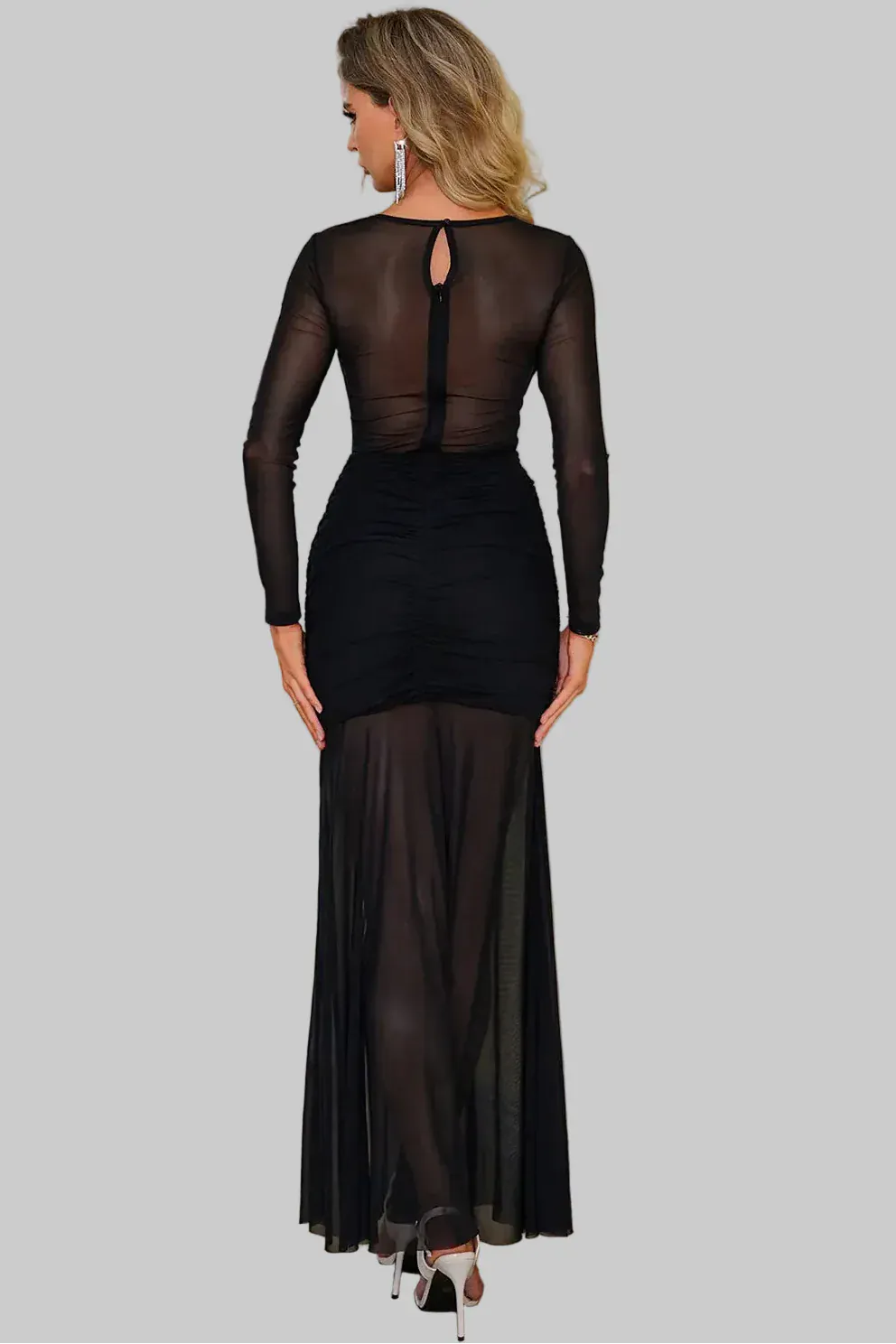 Semi-Sheer Slit Round Neck Dress - Black / XS