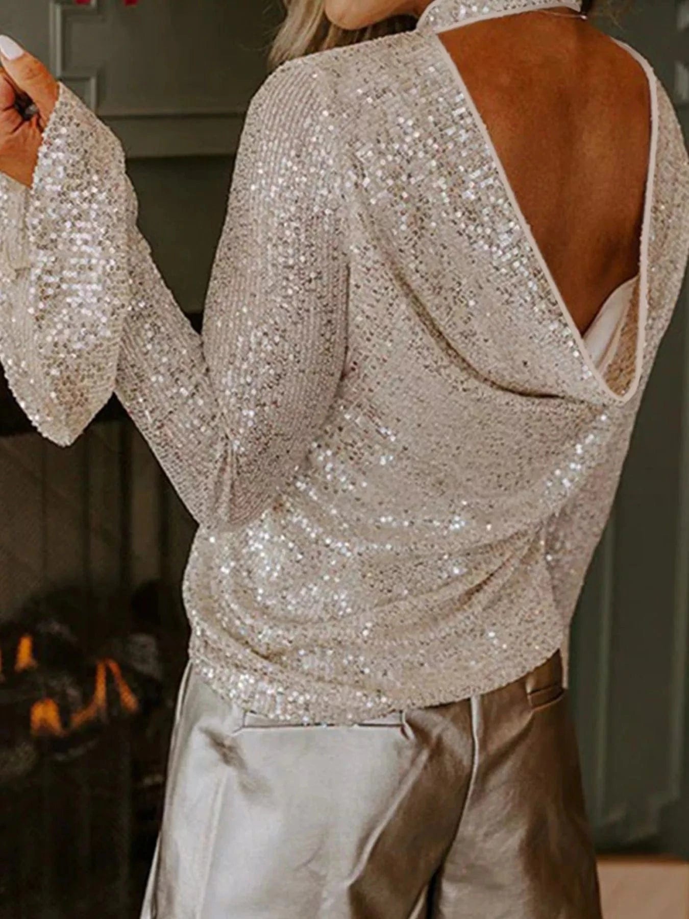 Sequin Mock Neck Bell Sleeve Top Trendsi