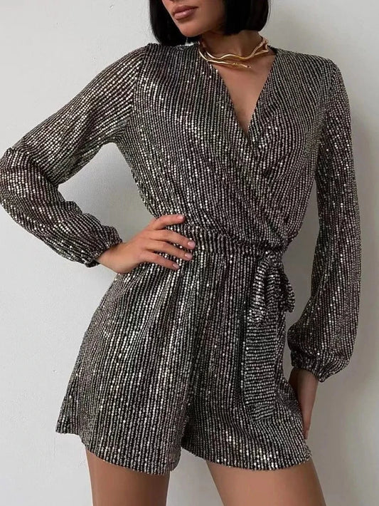 Sequin Surplice Tie Waist Long Sleeve Romper Black/Silver / S The Nichole Collection