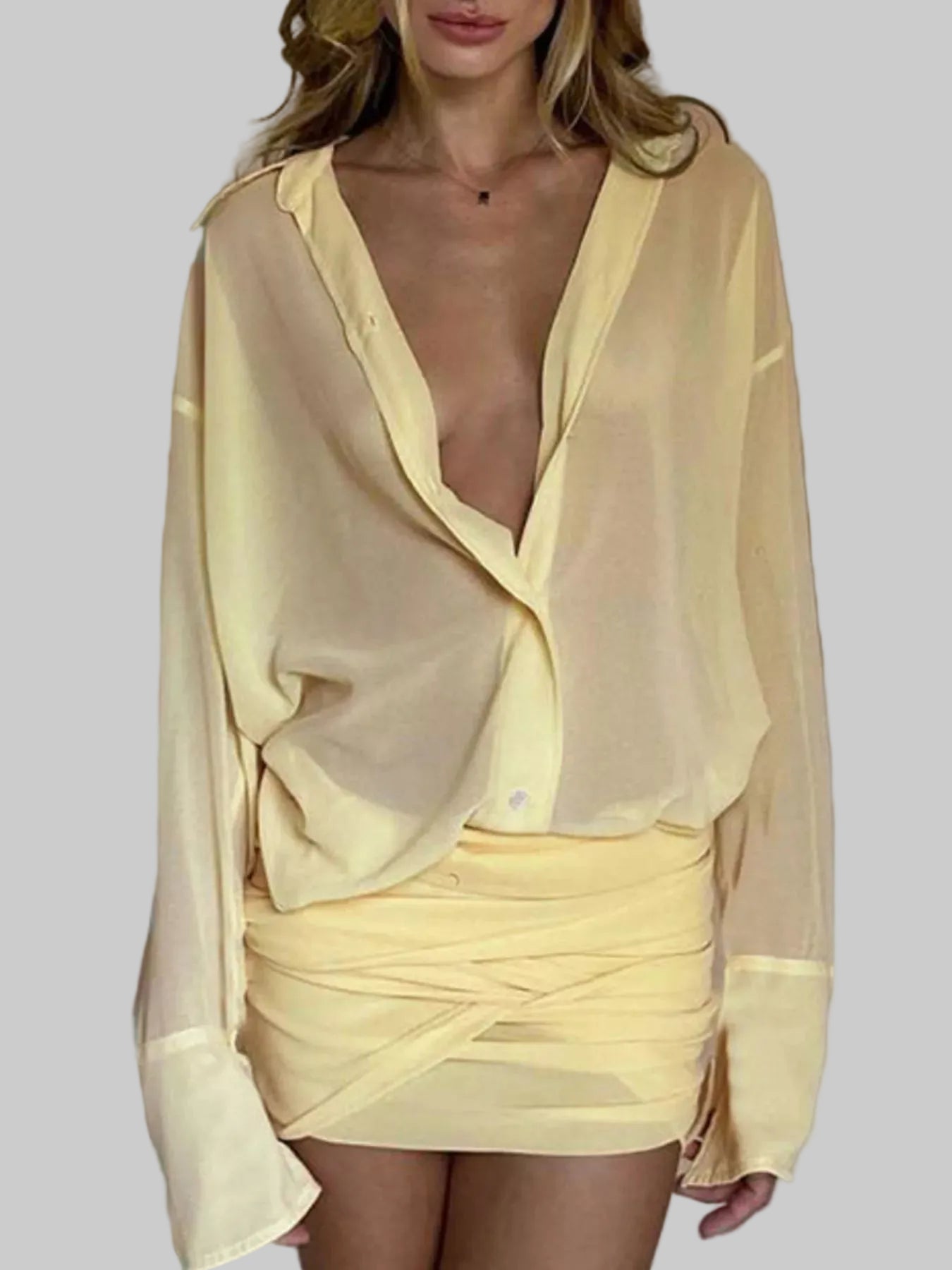 Sheer Button-Down Mini Shirt Dress with Back Tie The Nichole Collection - Official Site