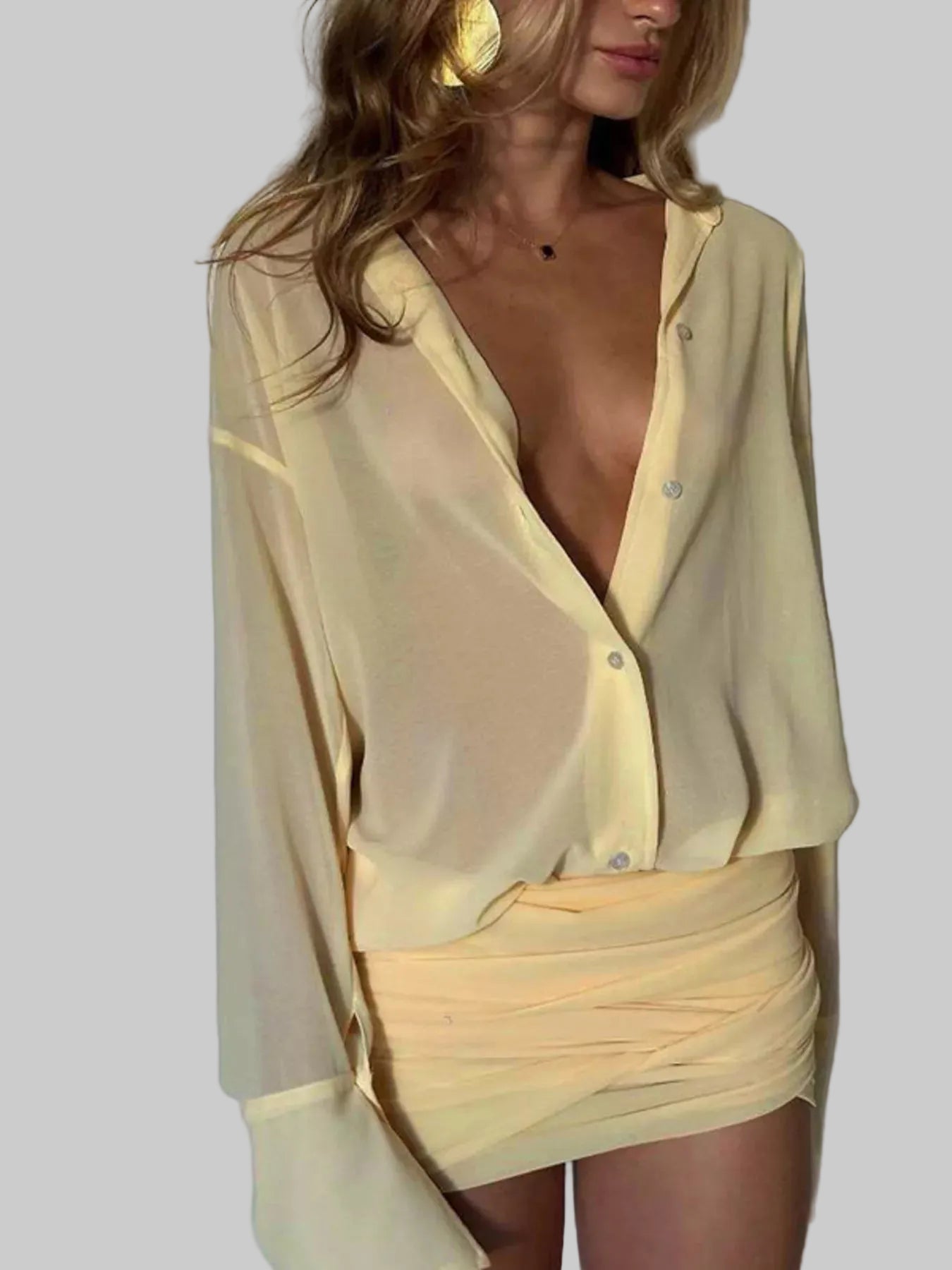 Sheer Button-Down Mini Shirt Dress with Back Tie The Nichole Collection - Official Site