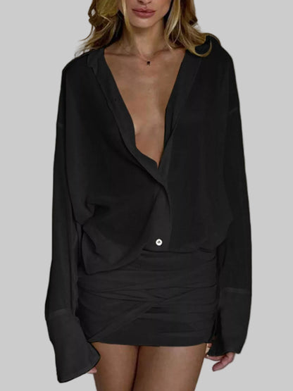Sheer Button-Down Mini Shirt Dress with Back Tie Black / S The Nichole Collection - Official Site