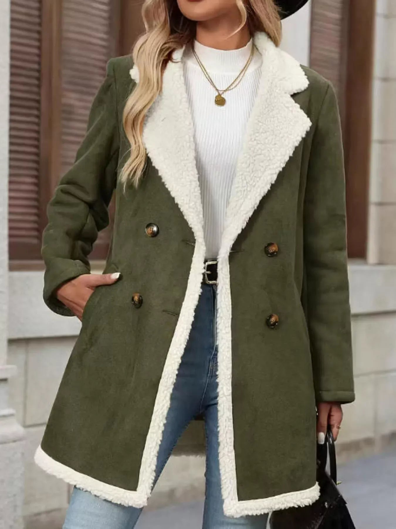 Sherpa Lined Button Up Coat Army Green / S The Nichole Collection
