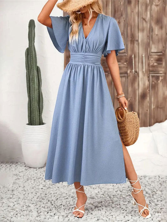Side Slit Surplice Flutter Sleeve Midi Dress – Elegant & Effortless Light Blue / S The Nichole Collection
