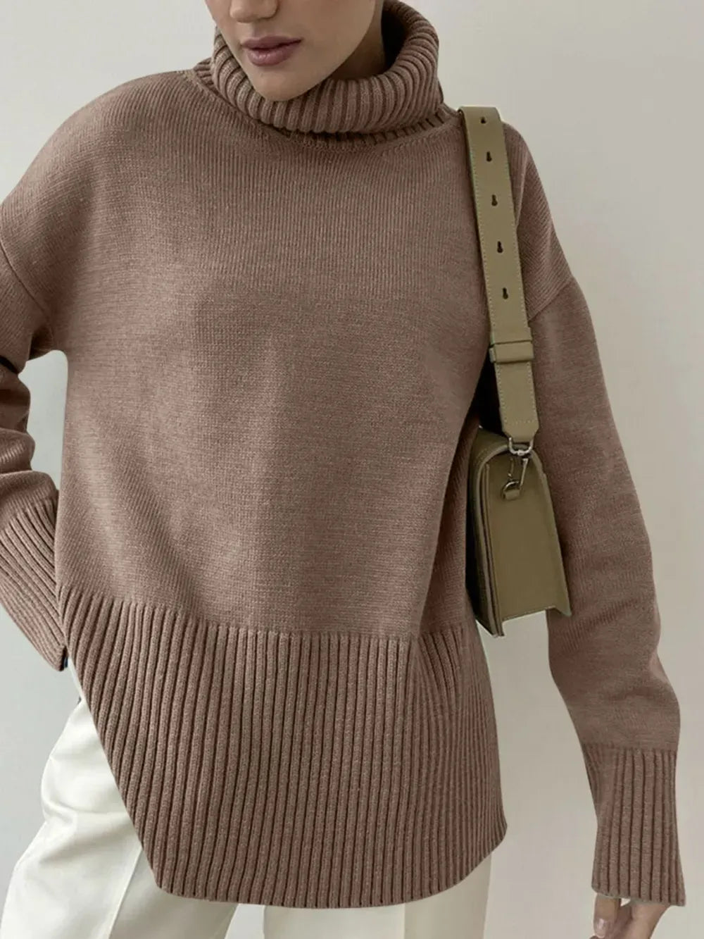 Side Slit Turtleneck Drop Shoulder Sweater Trendsi